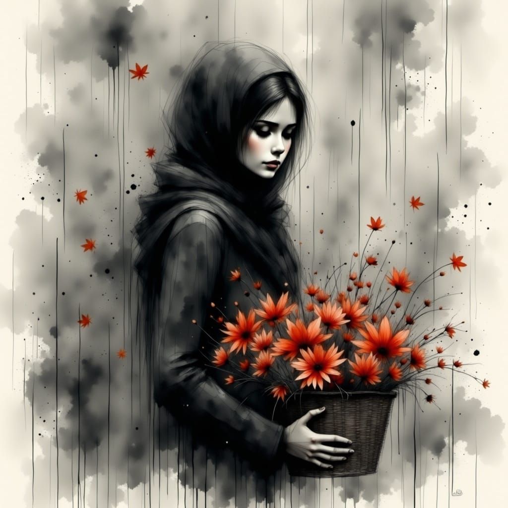 Woman with Autumn Flowers in Charcoal Watercolor