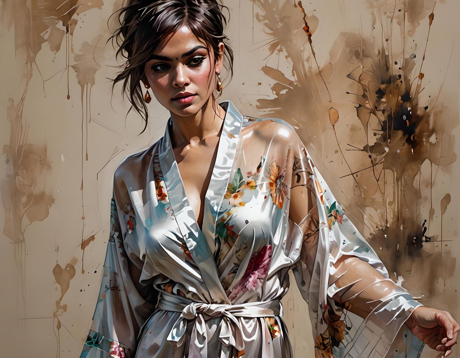 Blushing Indian Woman in Silk Robe Portrait