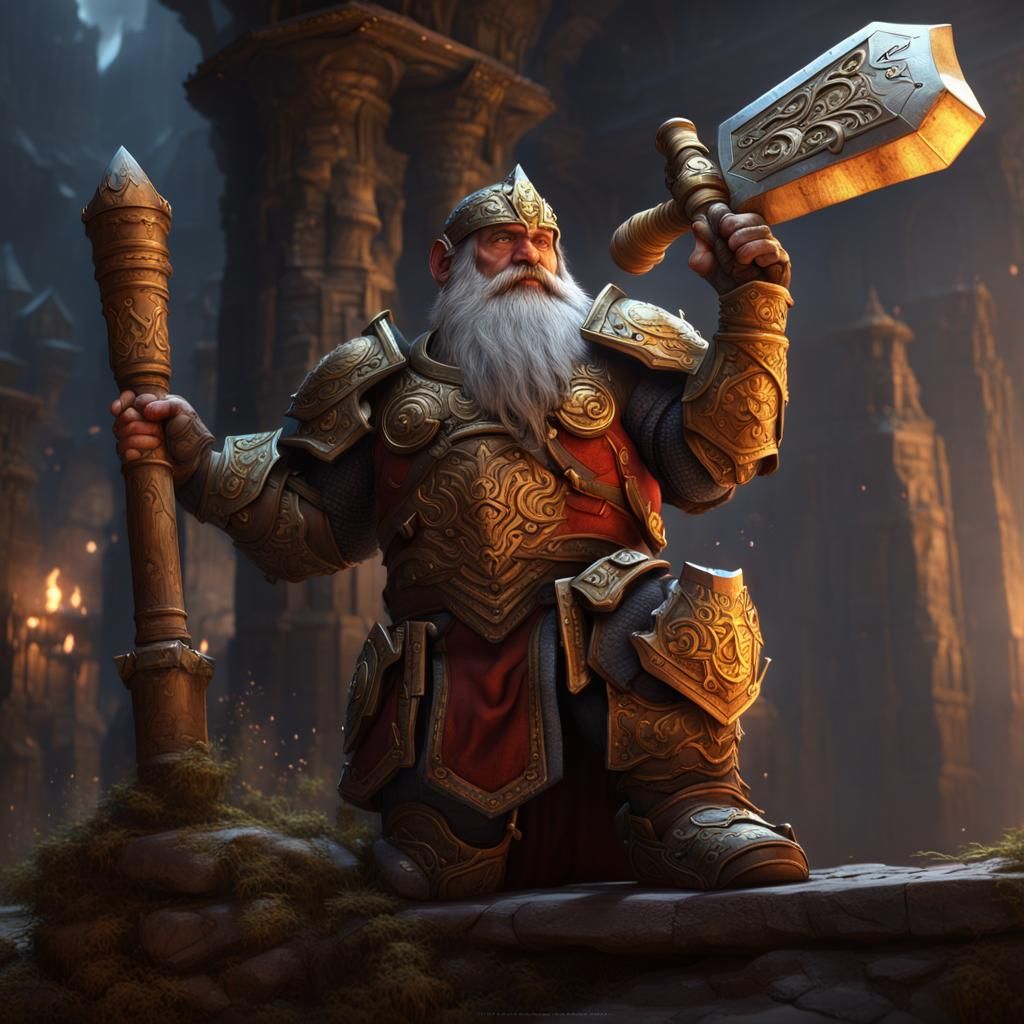 Dwarf Paladin with Hammer in Holy Light