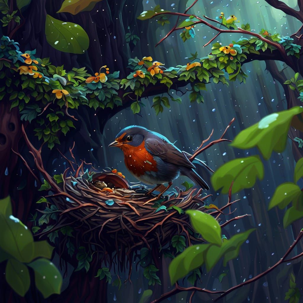 Robin Builds Nest in Spring Rain: Digital Art