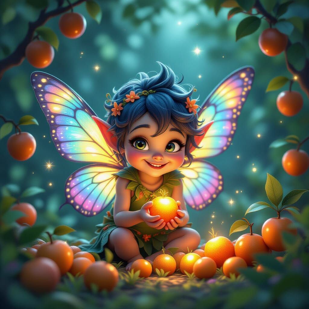 Mischievous Imp Steals Glowing Fruit in Celestial Orchard