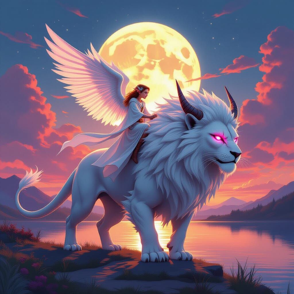 Elf Rides Lion Dragon Under Sunset Moon