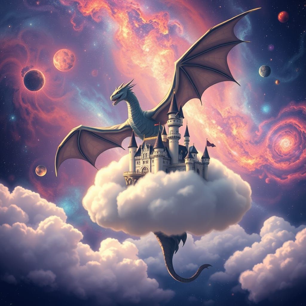 Dragon and Castle Floating in Space
