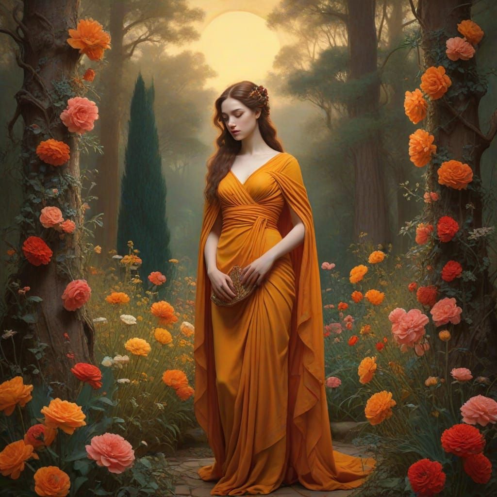 Hades and Persephone in a Vibrant Garden Scene, Inspired by...