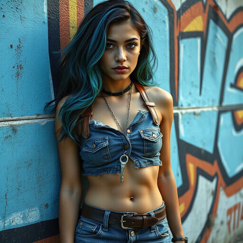 Defiant Woman With Cyan Hair Against Graffiti Wall