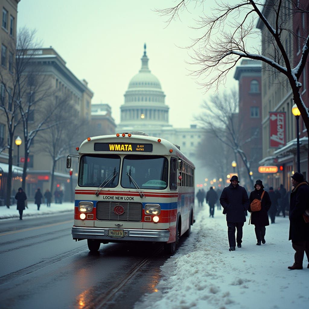 Vintage Bus in Snowy Washington, D.C. Landscape