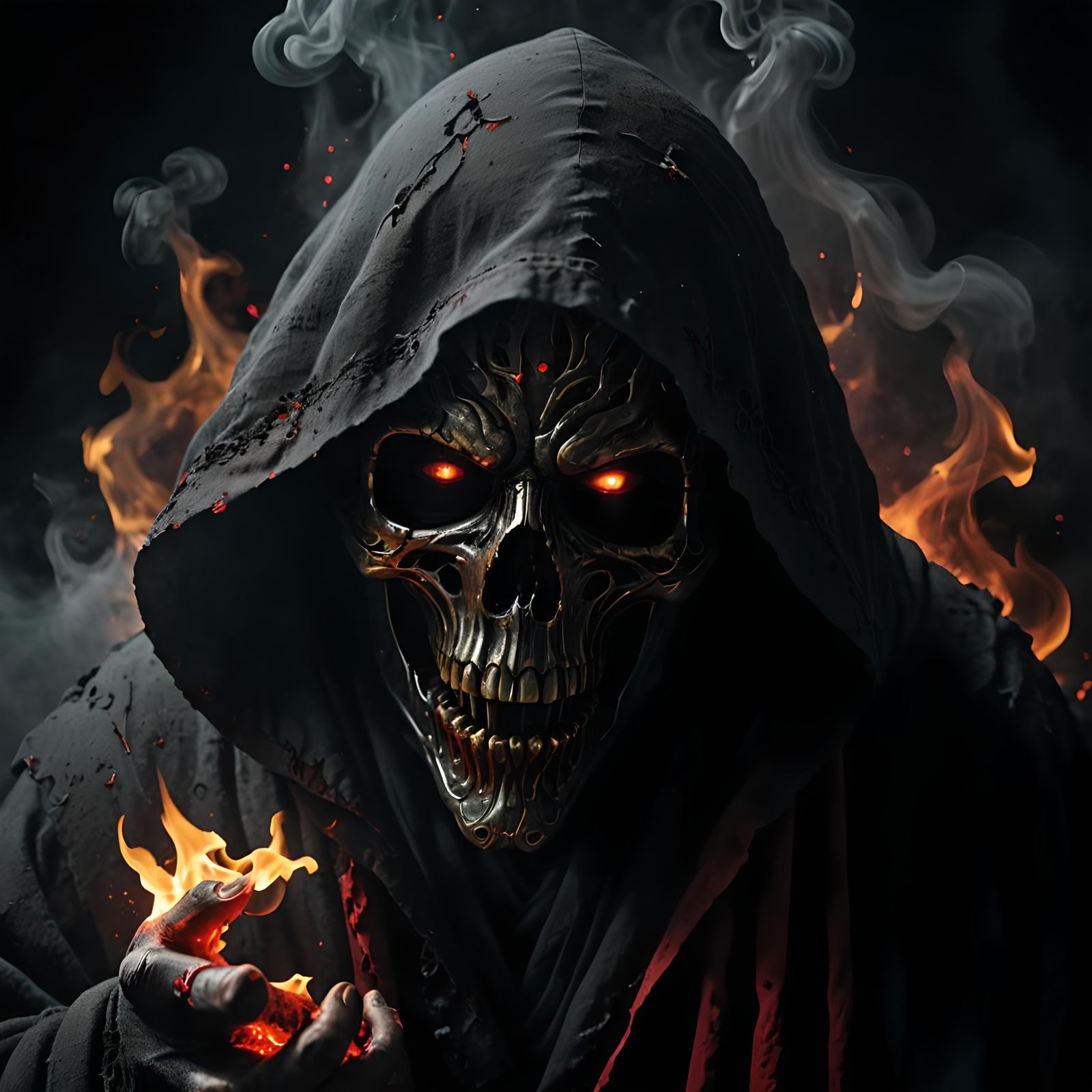 Hyperrealistic image of a shadowy figure representing Death, wearing a traditional death robe. Inside the hood, instead ...