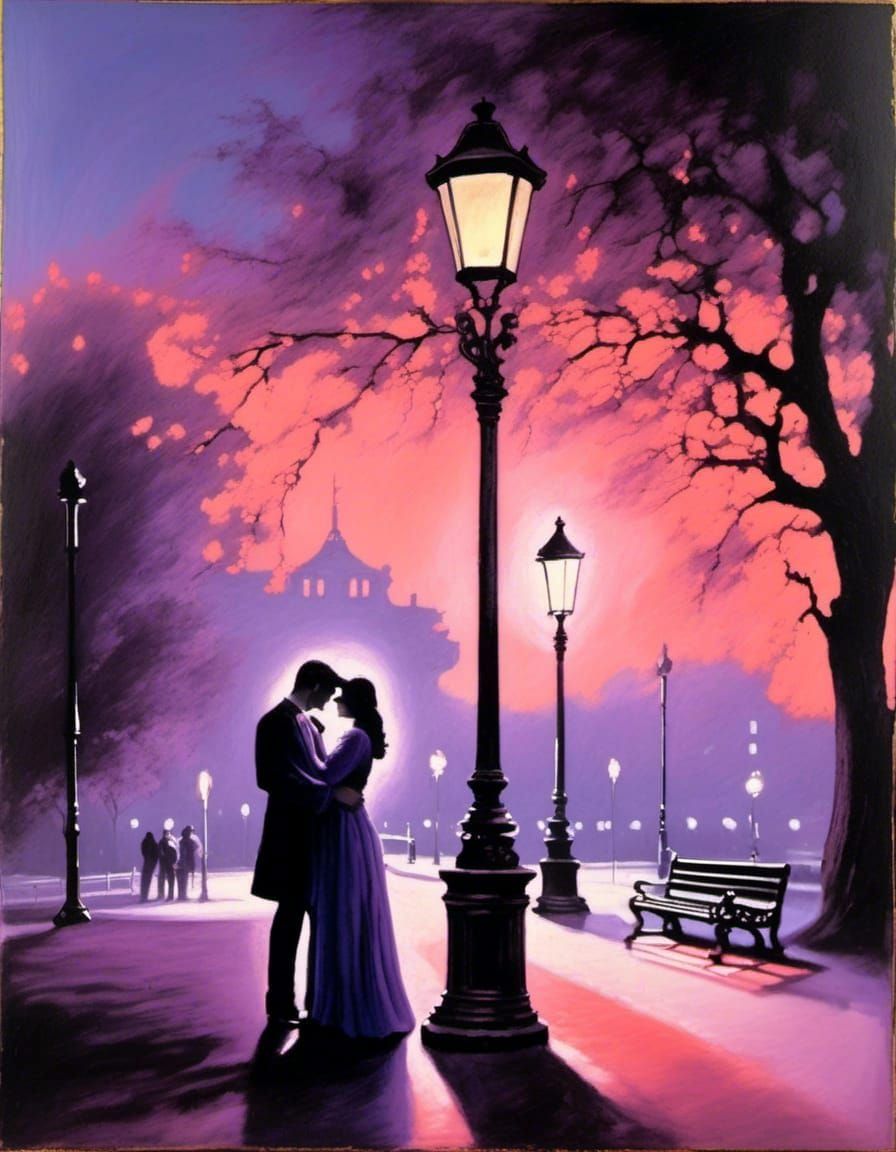 Romantic Couple Embracing in Park: Chalk Ink Painting