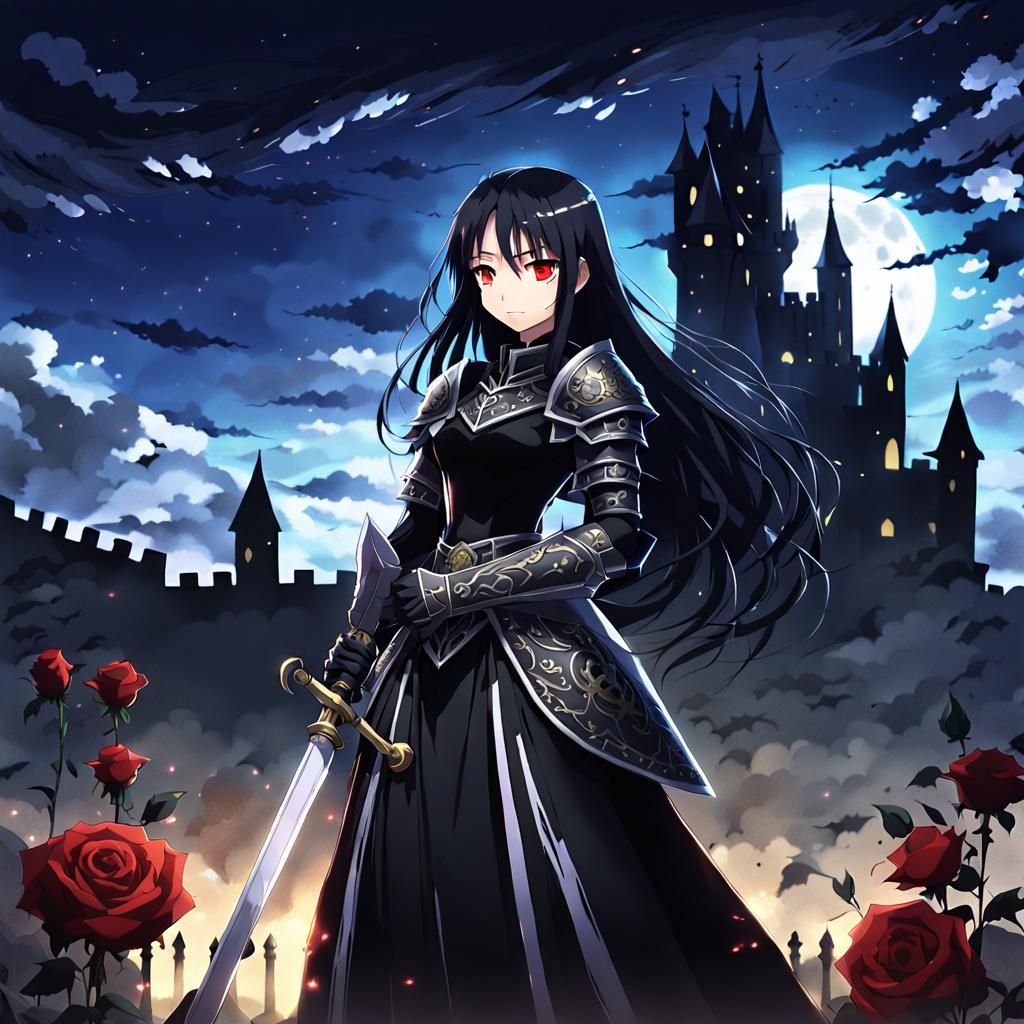 Anime Knight with Rose Sword Near Castle