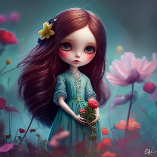 Dreamy Blythe Doll with Glowing Eyes, Detailed Fantasy Art