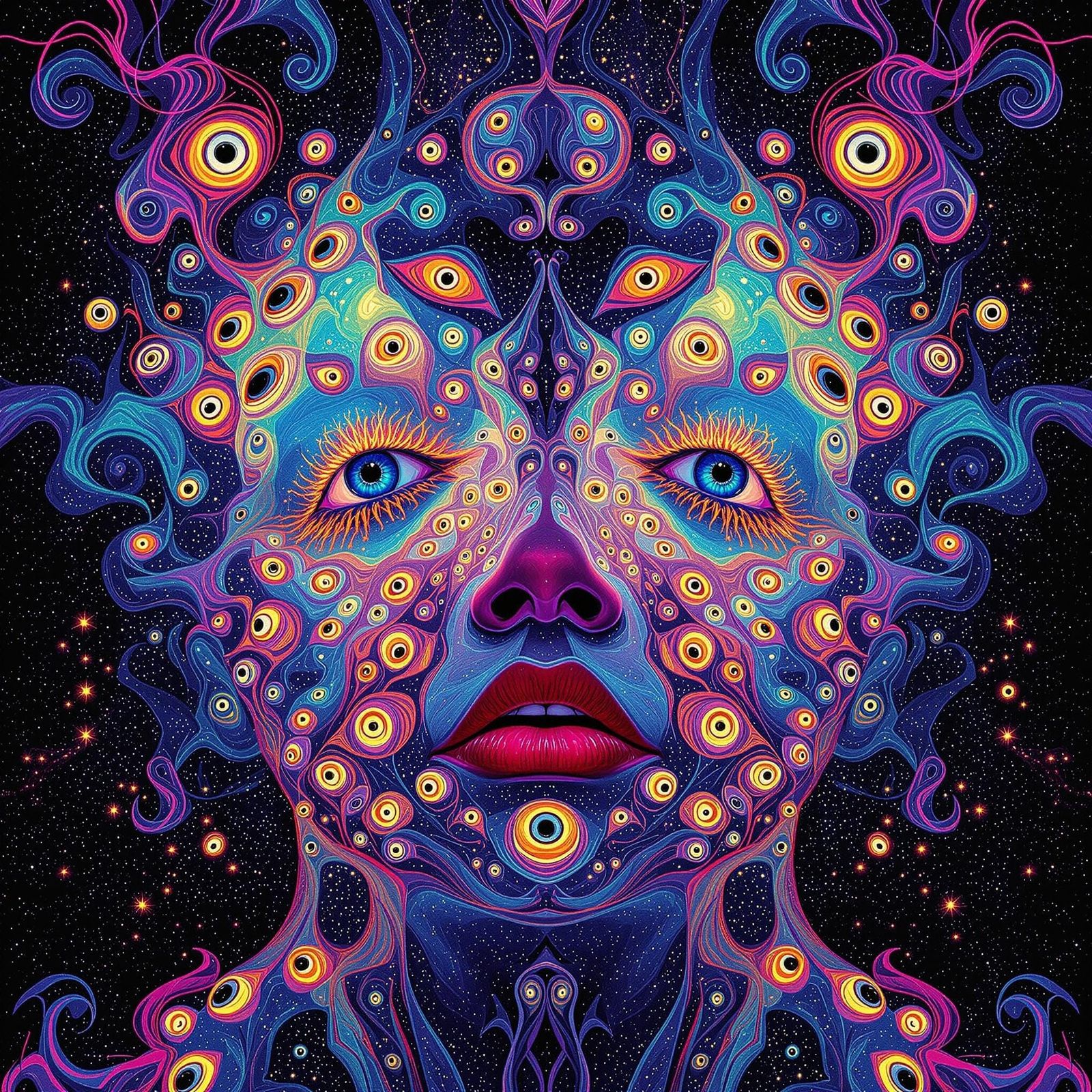 Surreal Face Melting into Neon Bioluminescence