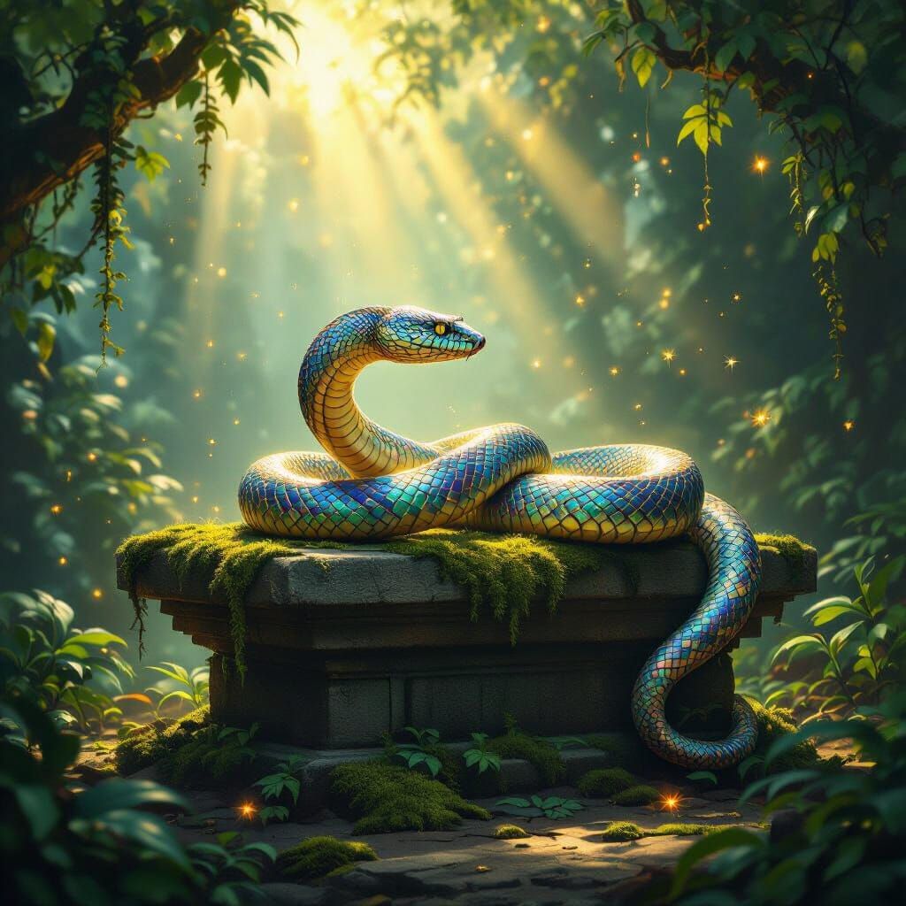 Iridescent Serpent on Ancient Altar in Mystical Jungle