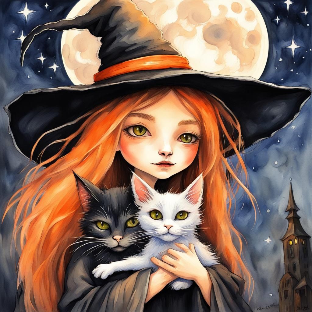 Chibi Witch and Cat in Orange Gouache Style