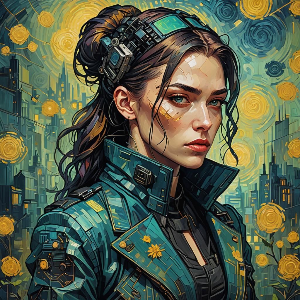 Cyberpunk girl in the style of Vincent Van Gogh