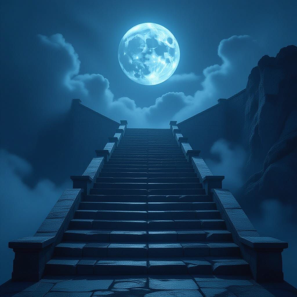 Colossal Moonlit Steps Ascending into Mysterious Night Sky