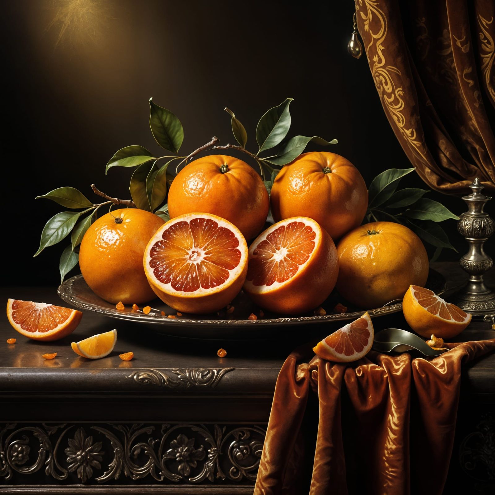 Baroque Oil Still Life: Opulent Citrus Banquet