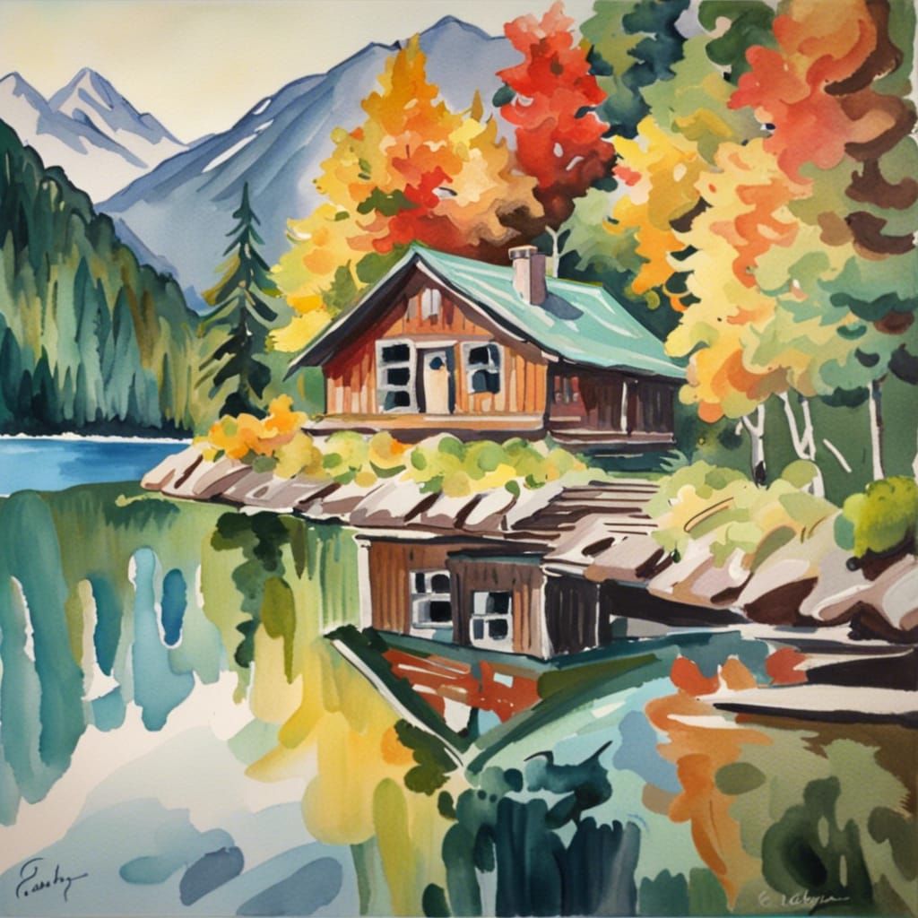 Lakeside Chalet: Gouache and Watercolor Impressionist Painti...