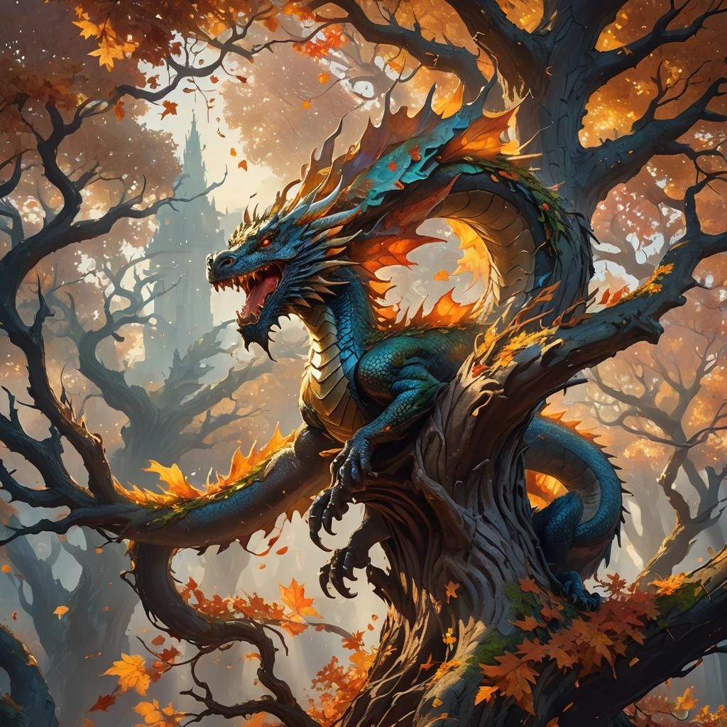 Dragon on Ancient Tree in Autumnal Light