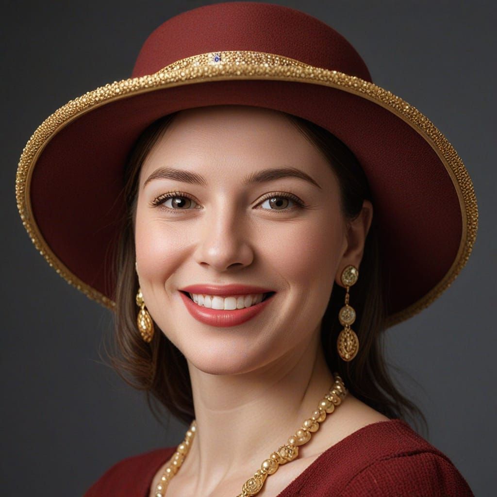 Elegant Woman in Brown Hat and Gold Jewelry