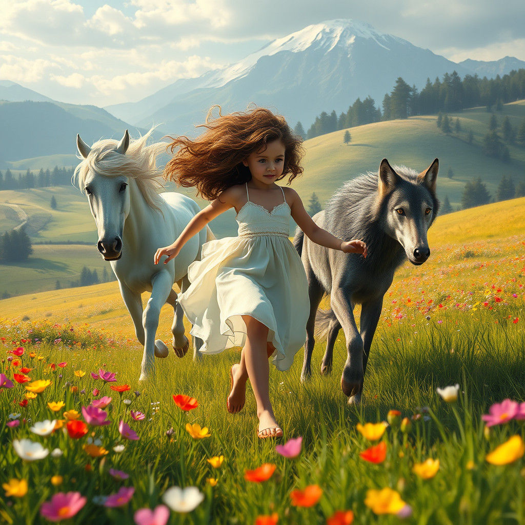 Girl, Horses, and Wolf in Dreamlike Landscape