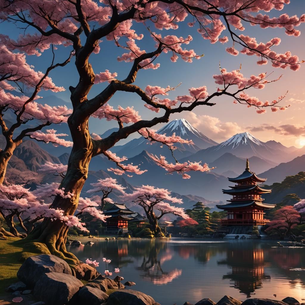 Sakura Tree by Lake with Temples: Matte Painting
