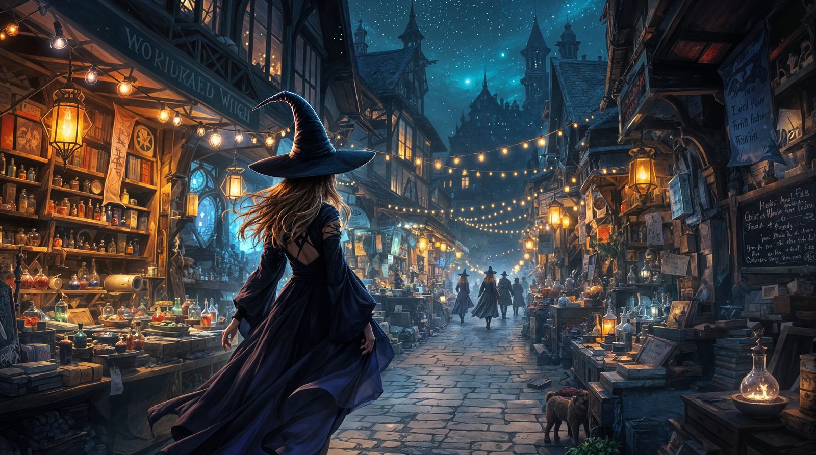 Enchanting Fantasy Night Market Scene in Masterful Realism