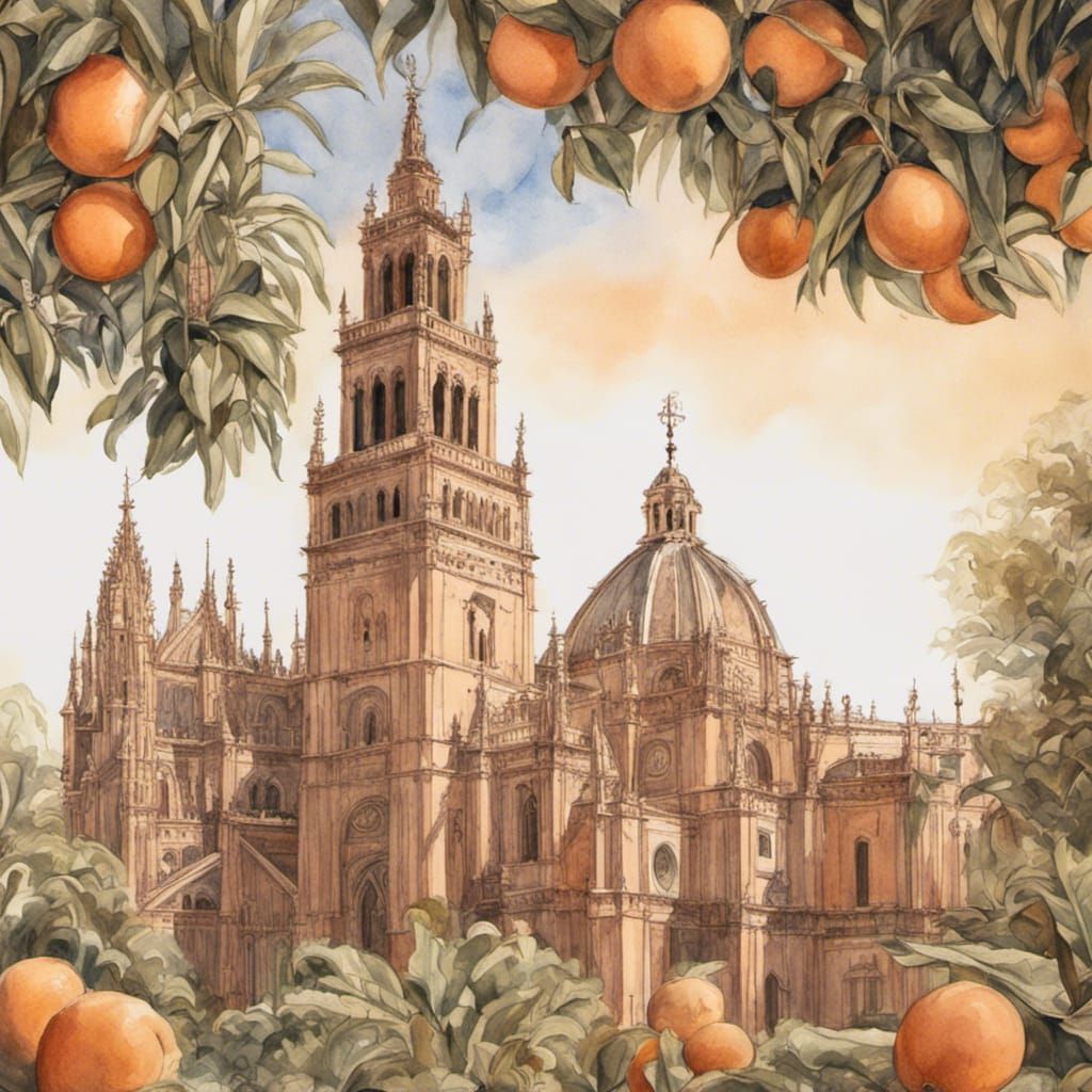 Seville Cathedral in Watercolor Pencil with Orange Groves