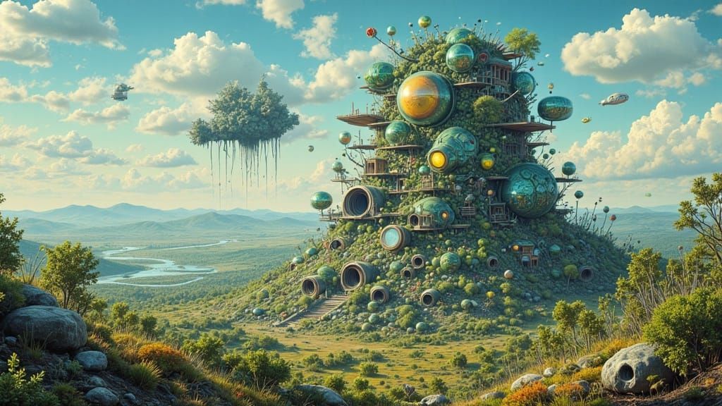 Solarpunk Metropolis with Glass Bubble Architecture and Airs...