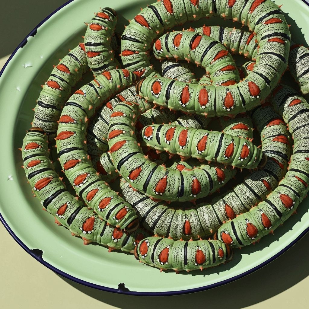 Hyperrealistic Mopane Worms on Enamelware Plate