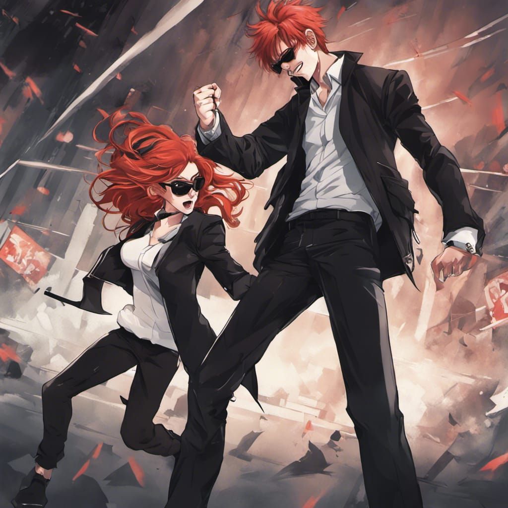 Anime Style Red-Haired Girl Fighting in Matrix