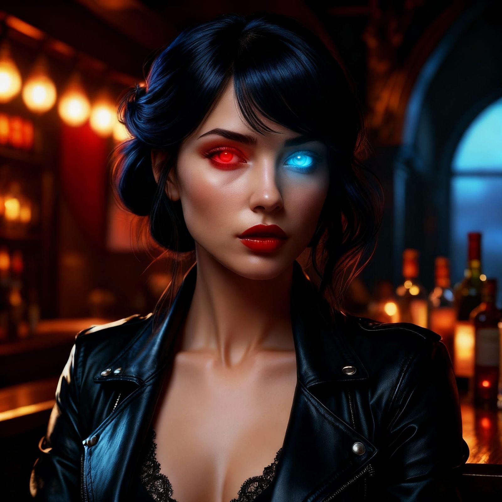 AI Generated Image of a Woman with Contrasting Glowing Eyes