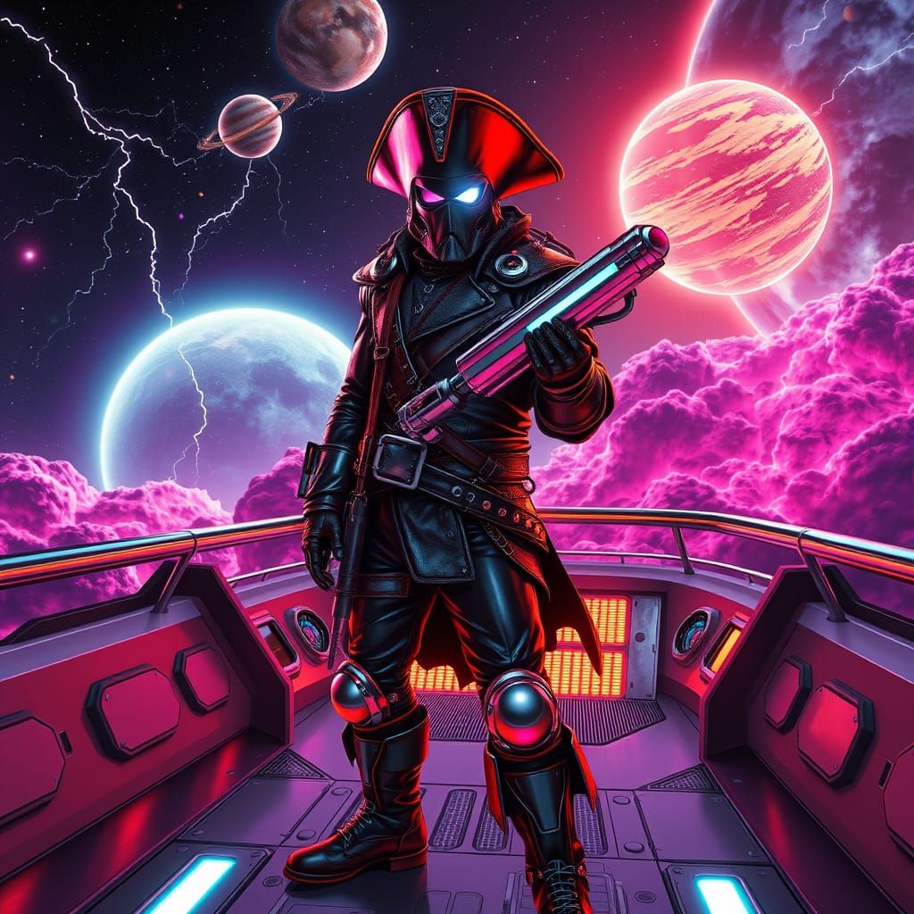 Retro-Futuristic Space Pirate in Cosmic Storm