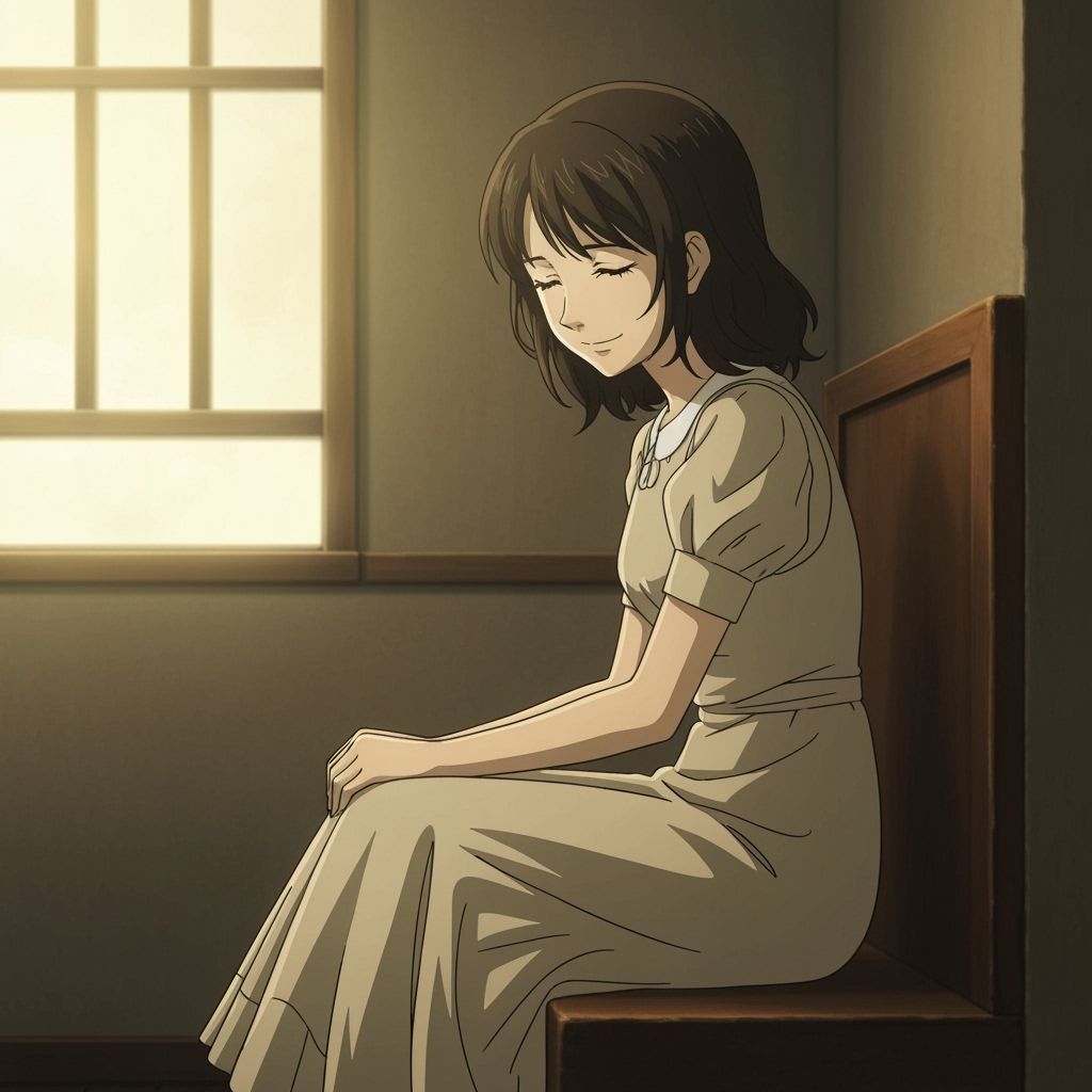 Melancholic Anime Woman Forcing a Smile in Nostalgic Setting