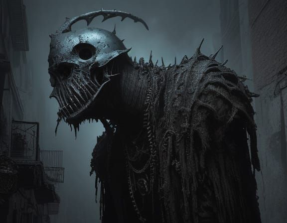 Cosmic Eldritch Horror in Foggy Alleyway Oil Painting