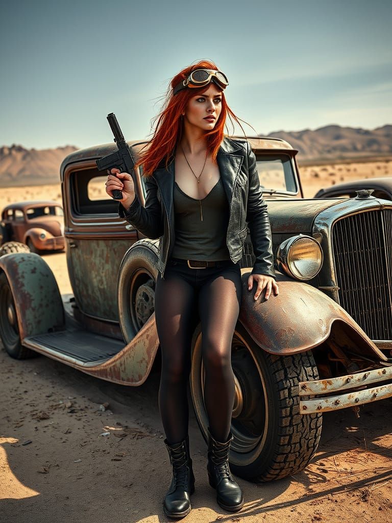 Gritty Desert Redhead with Modified Vintage Car