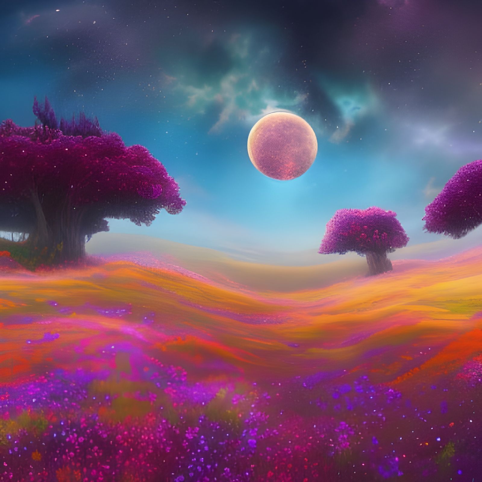 Colorful Night Sky Over Flower Meadow