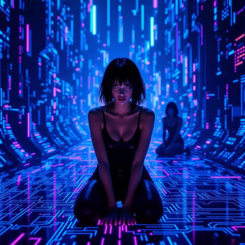 Terrified Woman in Glowing Cyberpunk Circuitry