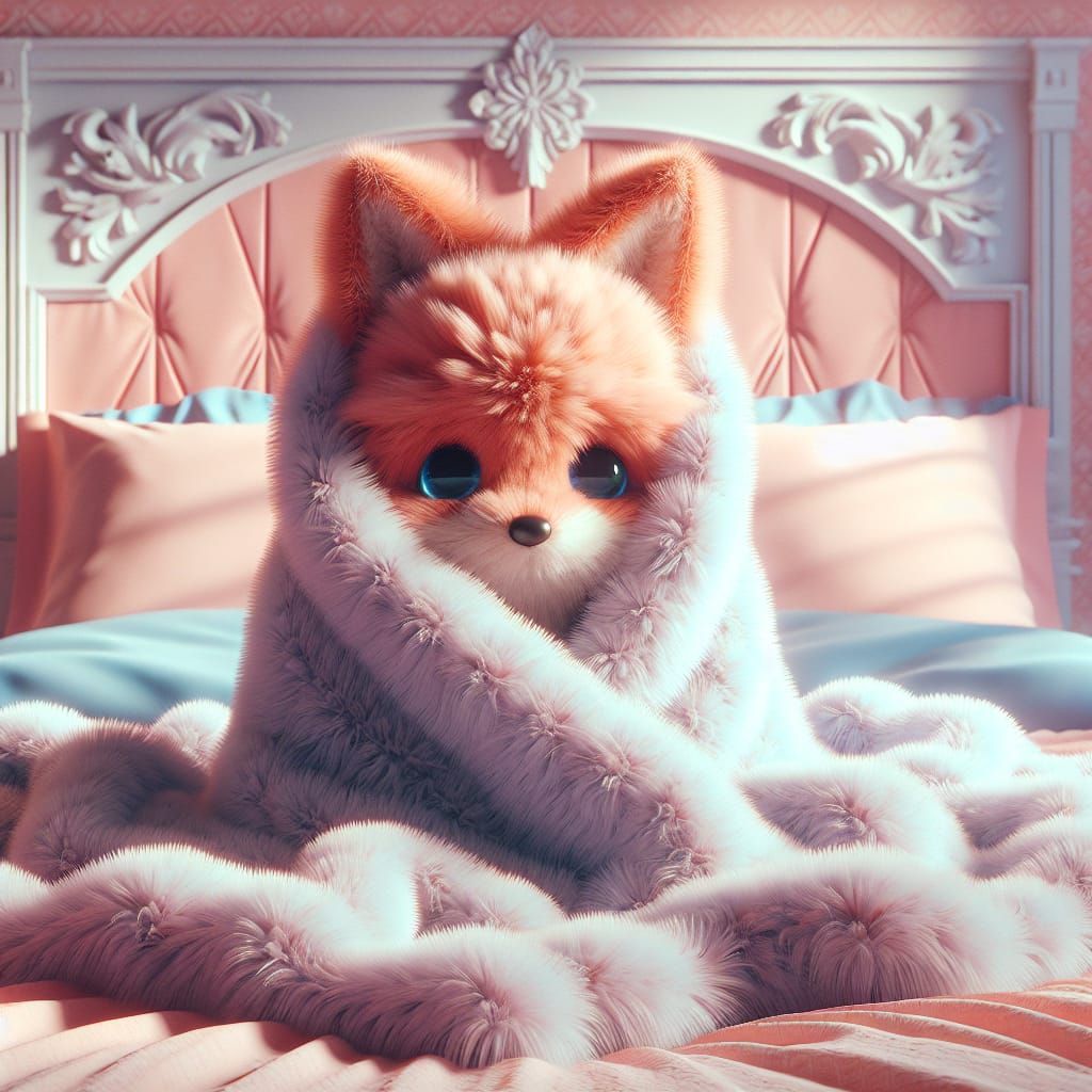 Cute Fluffy Fox Snuggled in Blanket: 3D Render