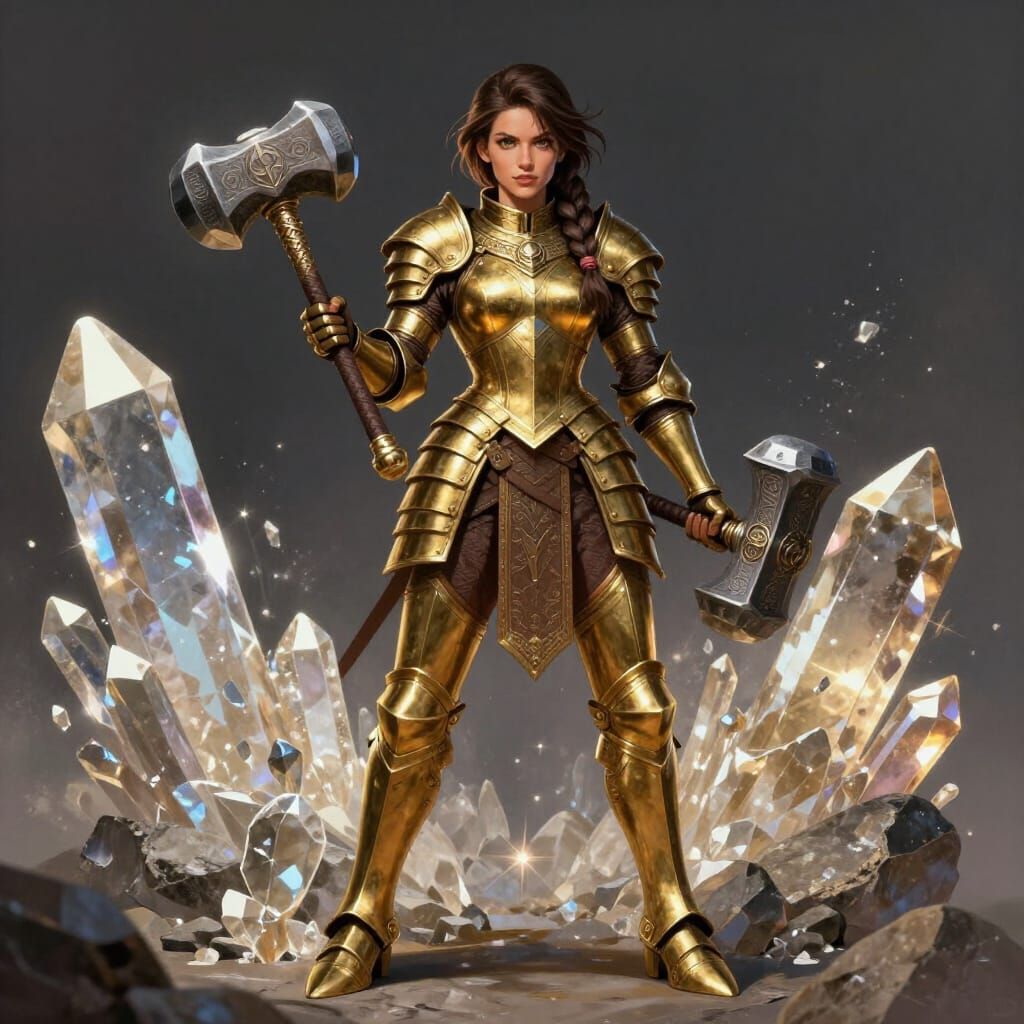 Muscular Woman in Brass Armor Holding War Hammer