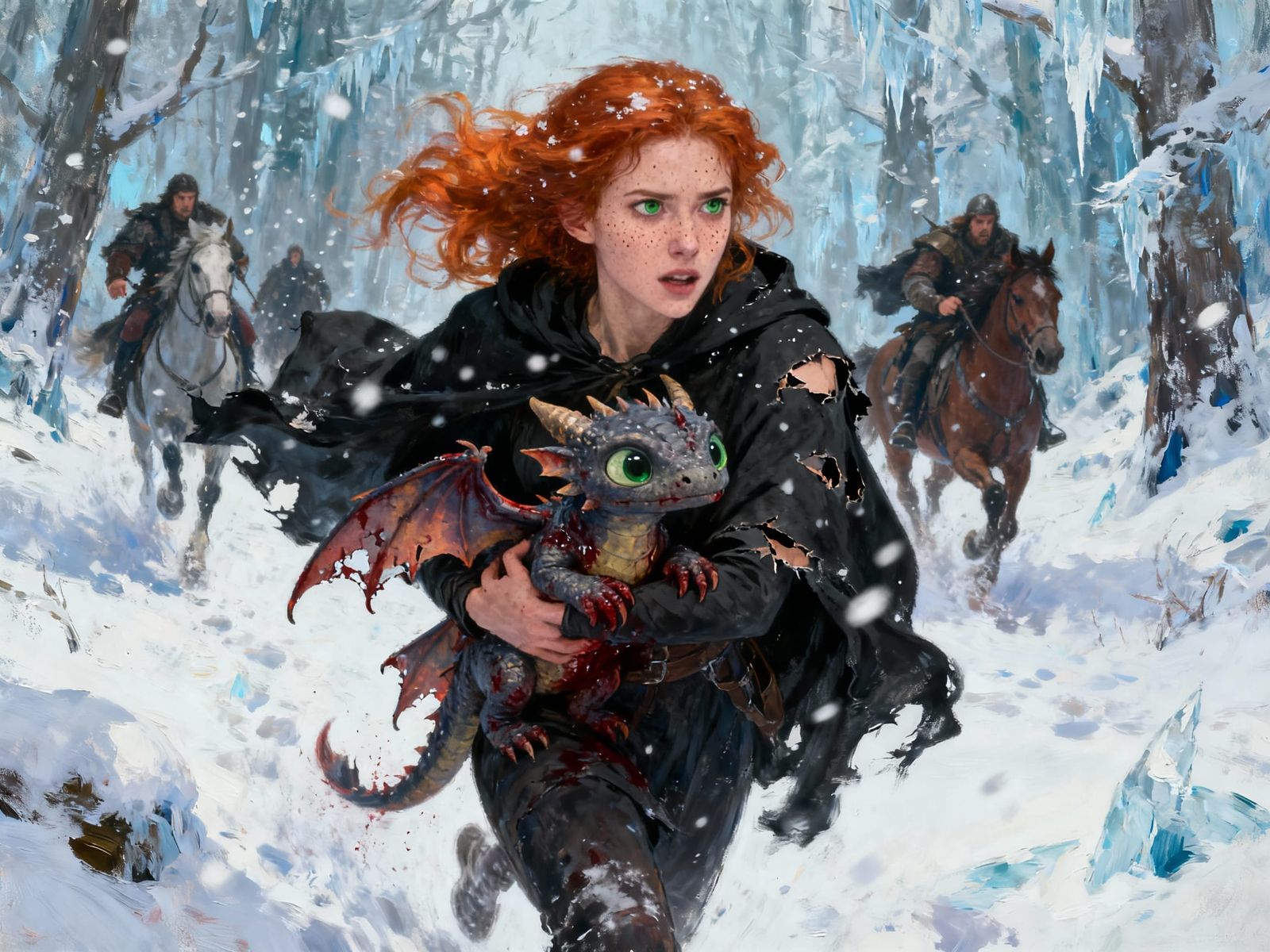 Beautiful Woman Flees Icy Forest with Injured Dragon