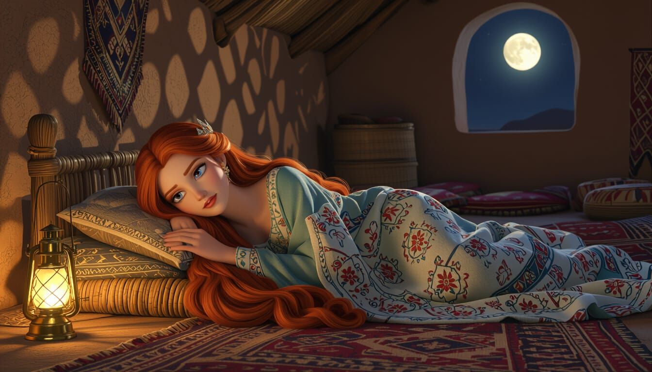 Princess Rests in Dimly Lit Arabic Hut at Night