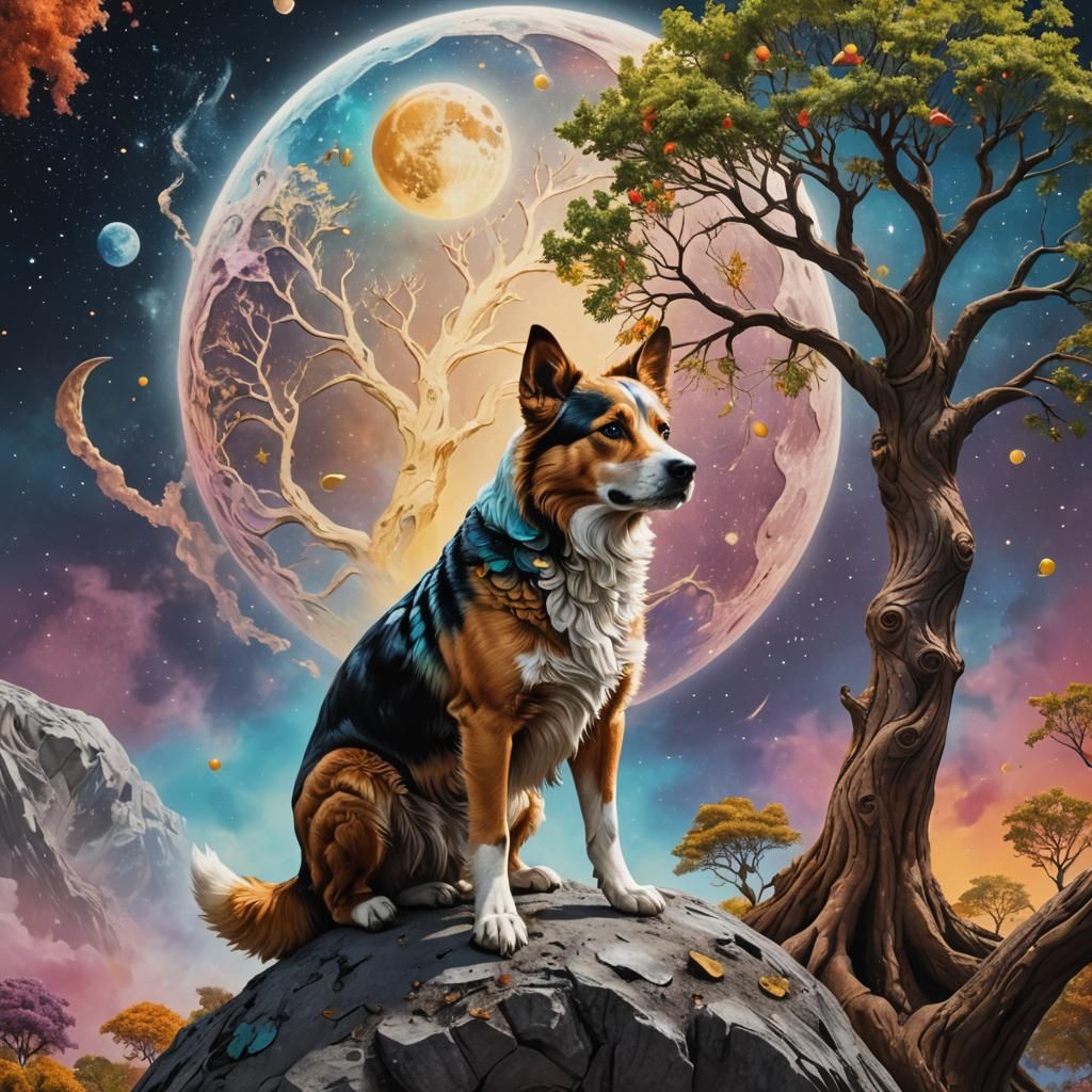 Hyperrealistic Dog on the Moon with Tree
