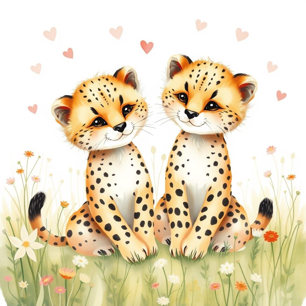 Cute Cheetahs Play in a Whimsical Meadow, Watercolor Illustr...
