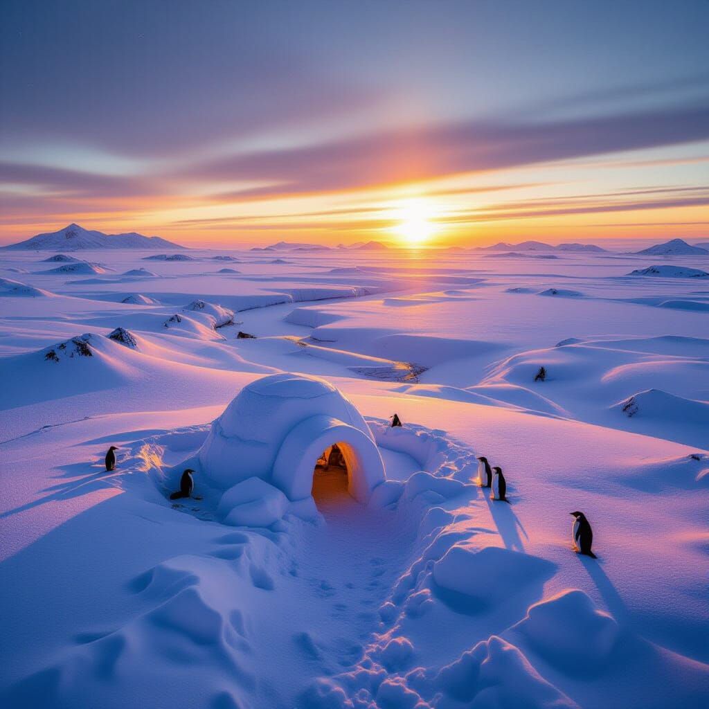 Extremely high-altitude bird’s eye view over an endless Arctic wilderness, captured at golden hour. The snow-covered ter...