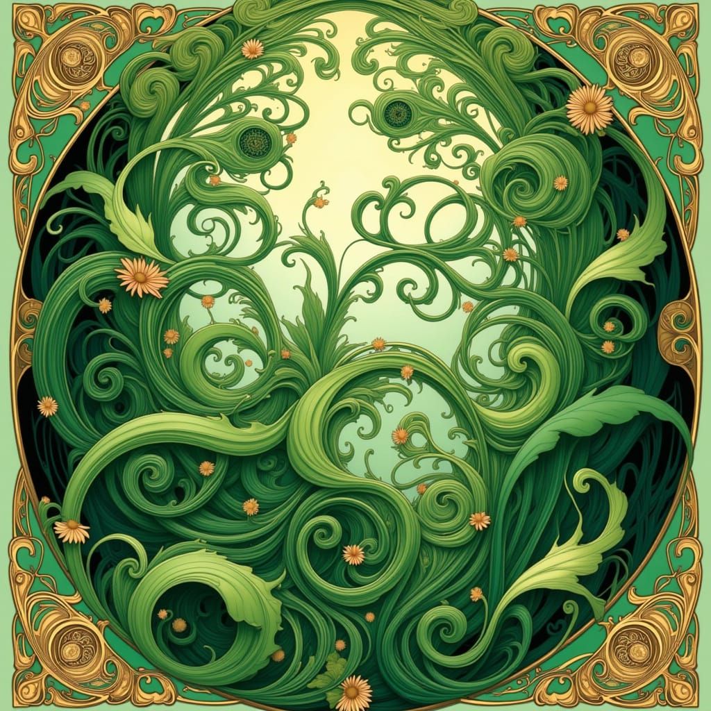 Art Nouveau Botanical Illustration in Lush Greens