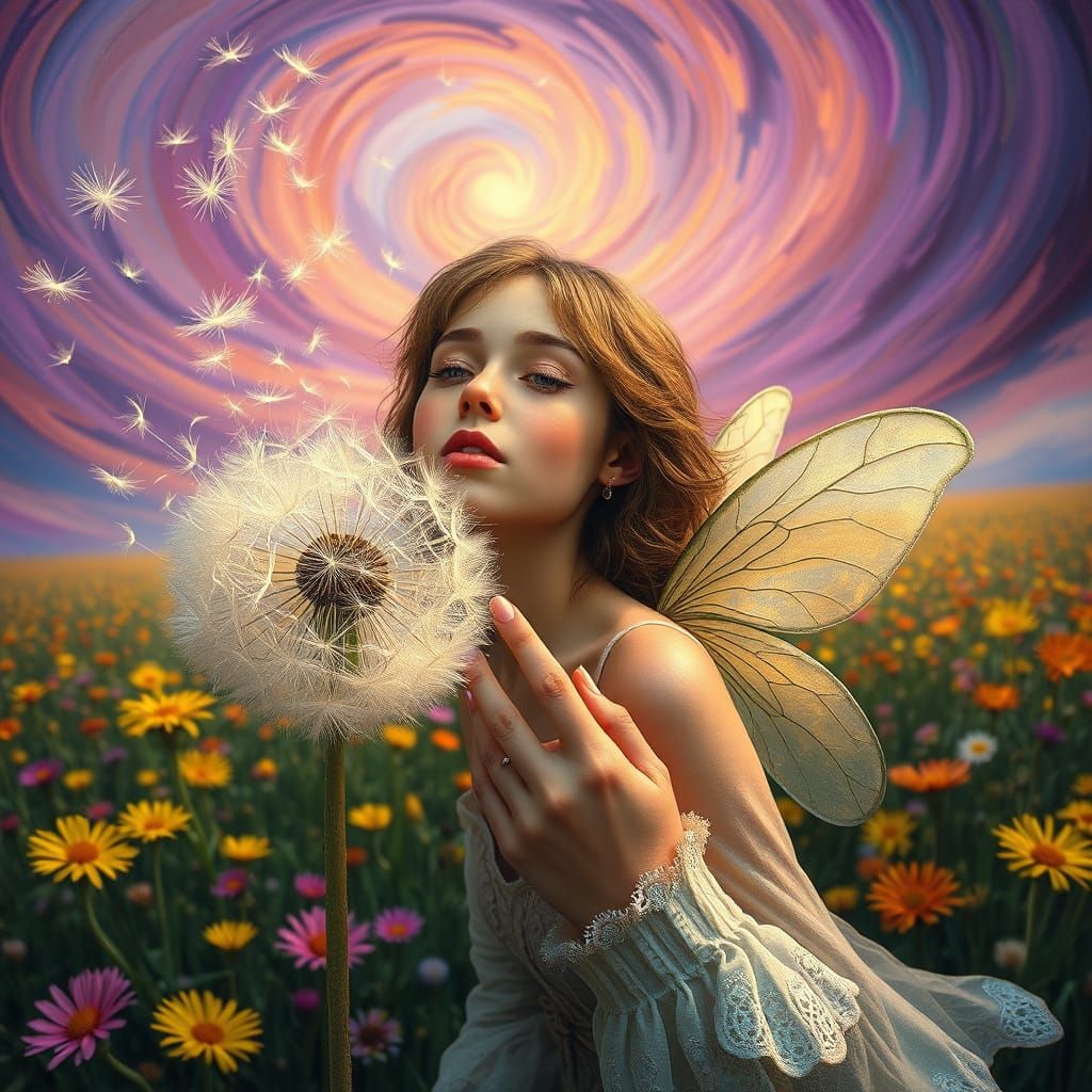 Fairy Blowing Dandelion Seeds in Vibrant Field