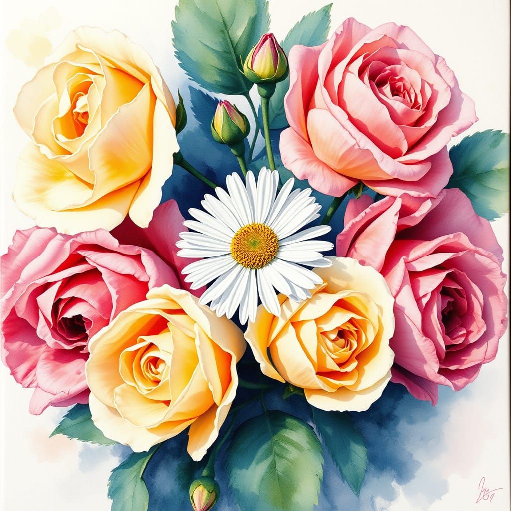 Blooming Roses and Daisy: Watercolor Impressionist Painting