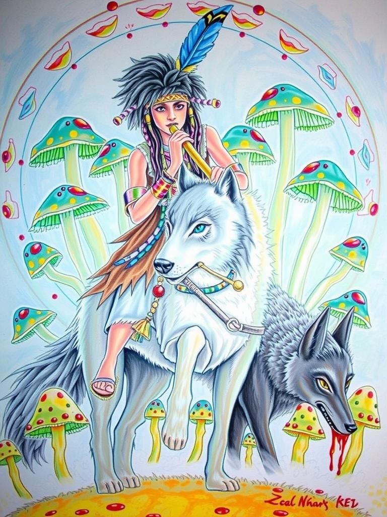 Mystical Shaman on Wolf with Didgeridoo in Surreal Scene