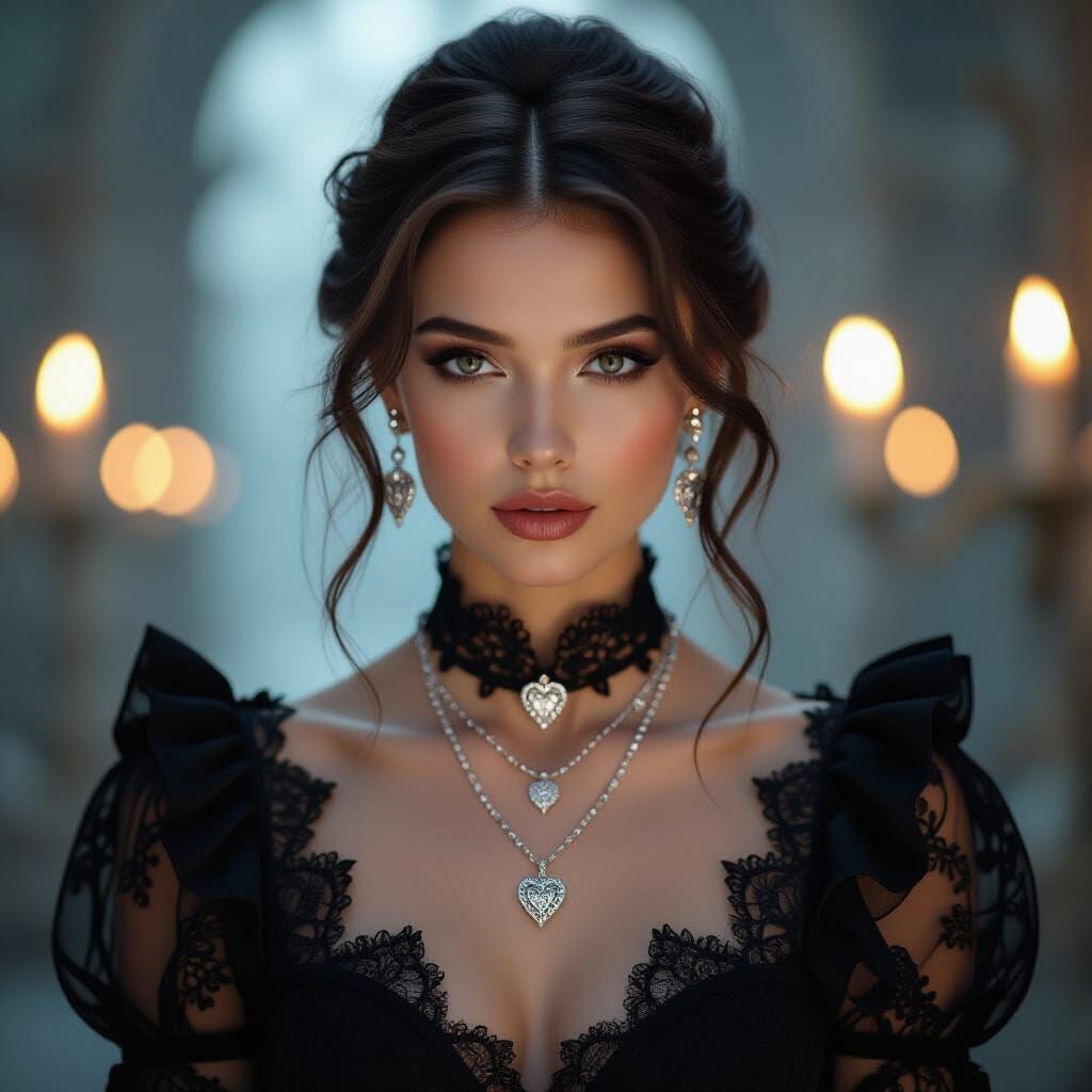 Gothic Woman Portrait with Lace Dress and Ethereal Glow