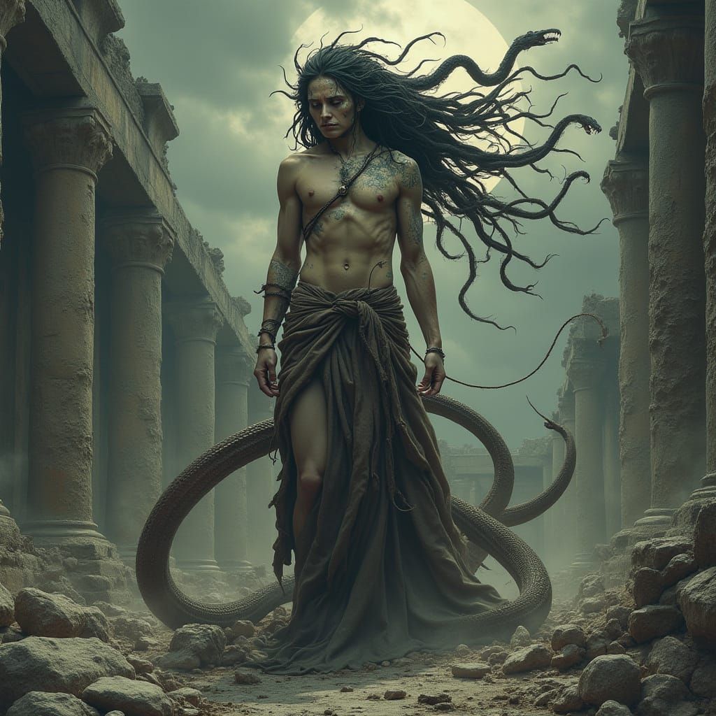 Medusa with Human Eyes in Temple Ruins